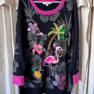 Flamingo Embellished Black and Pink Sweater